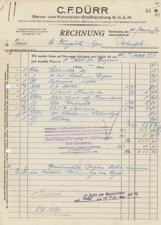 Firma M. Winzrieth (Kaufhaus)an C. F. Dürr Garne- und Kurzwarenhandlung GmbH- Rechnung - 10.01.1930