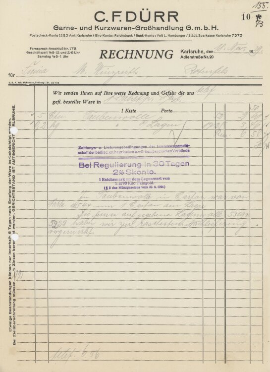 Firma M. Winzrieth (Kaufhaus)an C. F. Dürr Garne- und Kurzwarenhandlung GmbH- Rechnung - 18.11.1929