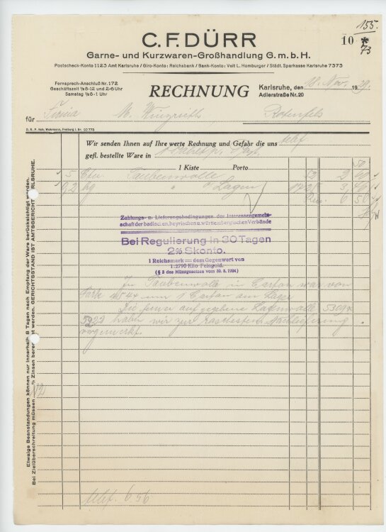 Firma M. Winzrieth (Kaufhaus)an C. F. Dürr Garne- und Kurzwarenhandlung GmbH- Rechnung - 18.11.1929