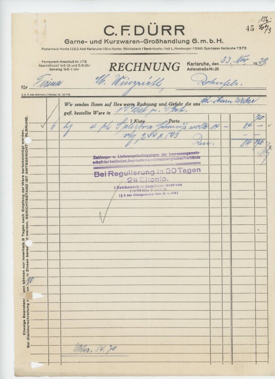 Firma M. Winzrieth (Kaufhaus)an C. F. Dürr Garne- und Kurzwarenhandlung GmbH- Rechnung - 23.11.1929