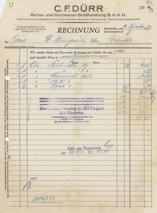 Firma M. Winzrieth (Kaufhaus)an C. F. Dürr Garne- und Kurzwarenhandlung GmbH- Rechnung - 04.12.1929