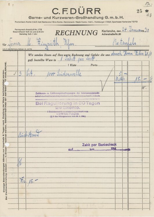 Firma M. Winzrieth (Kaufhaus)an C. F. Dürr Garne- und Kurzwarenhandlung GmbH- Rechnung - 24.01.1930