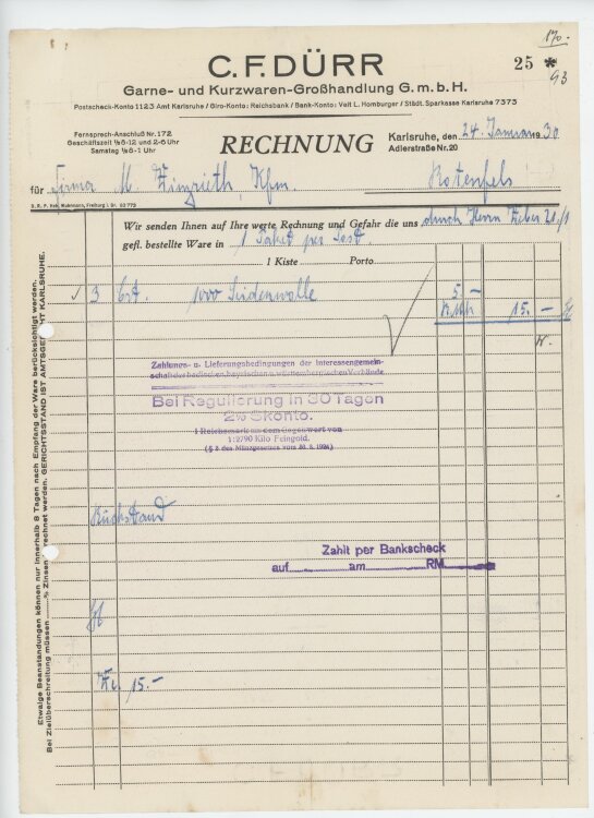 Firma M. Winzrieth (Kaufhaus)an C. F. Dürr Garne- und Kurzwarenhandlung GmbH- Rechnung - 24.01.1930