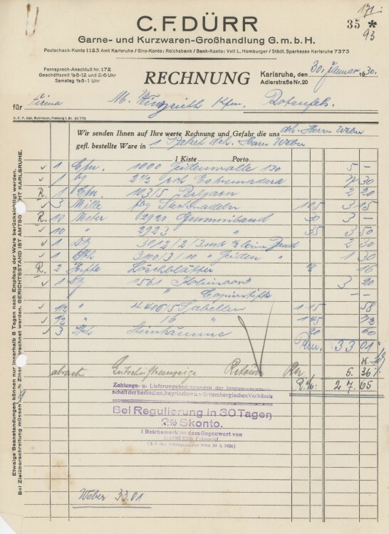 Firma M. Winzrieth (Kaufhaus)an C. F. Dürr Garne- und Kurzwarenhandlung GmbH- Rechnung - 30.01.1930