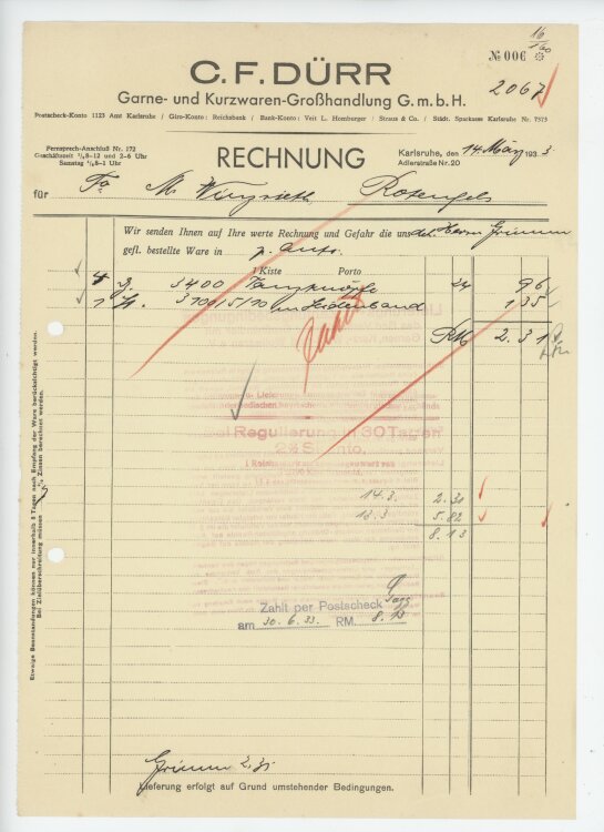 Firma M. Winzrieth (Kaufhaus)an C. F. Dürr Garne- und Kurzwarenhandlung GmbH- Rechnung - 14.03.1933