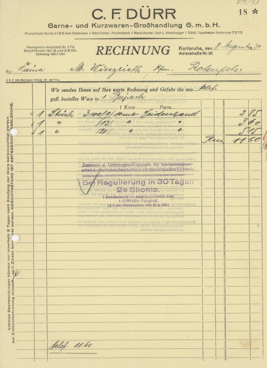 Firma M. Winzrieth (Kaufhaus)an C. F. Dürr Garne- und Kurzwarenhandlung GmbH- Rechnung - 08.08.1930