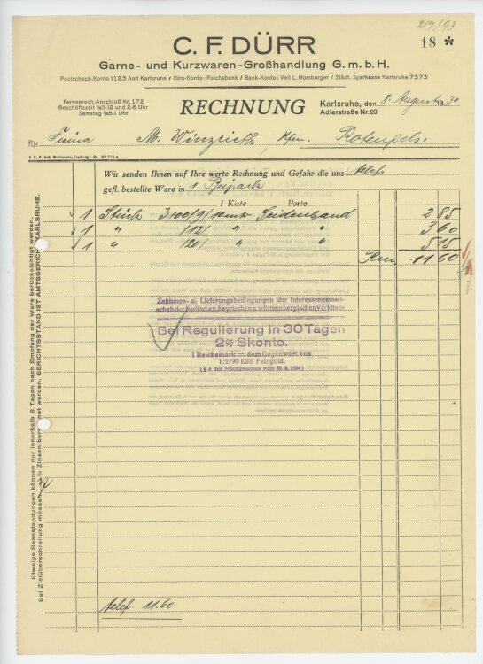 Firma M. Winzrieth (Kaufhaus)an C. F. Dürr Garne- und Kurzwarenhandlung GmbH- Rechnung - 08.08.1930