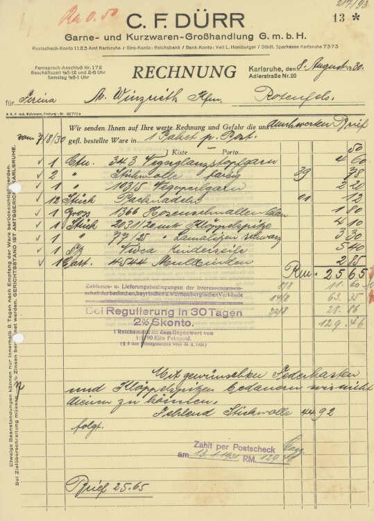 Firma M. Winzrieth (Kaufhaus)an C. F. Dürr Garne- und Kurzwarenhandlung GmbH- Rechnung - 08.08.1930