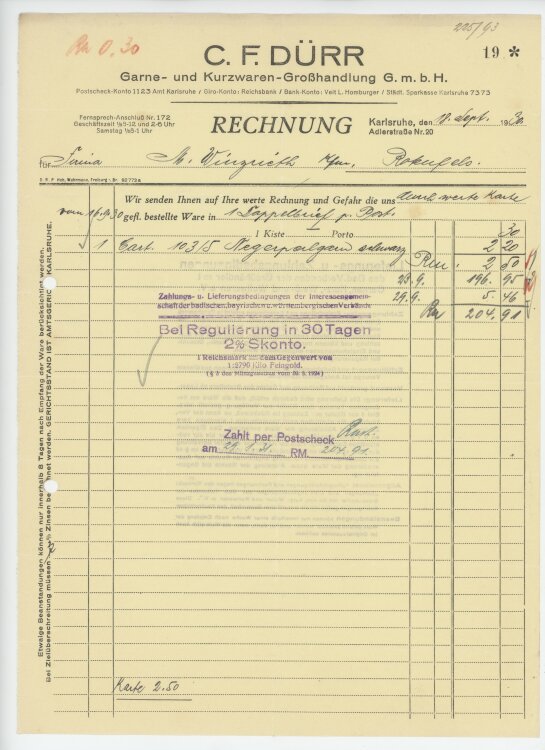 Firma M. Winzrieth (Kaufhaus)an C. F. Dürr Garne- und Kurzwarenhandlung GmbH- Rechnung - 18.09.1930