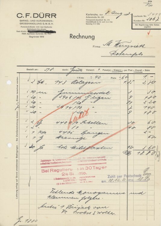 Firma M. Winzrieth (Kaufhaus)an C. F. Dürr Garne-...