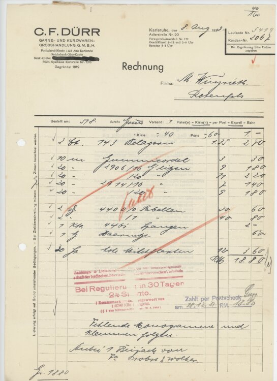 Firma M. Winzrieth (Kaufhaus)an C. F. Dürr Garne- und Kurzwarenhandlung GmbH- Rechnung - 08.08.1933