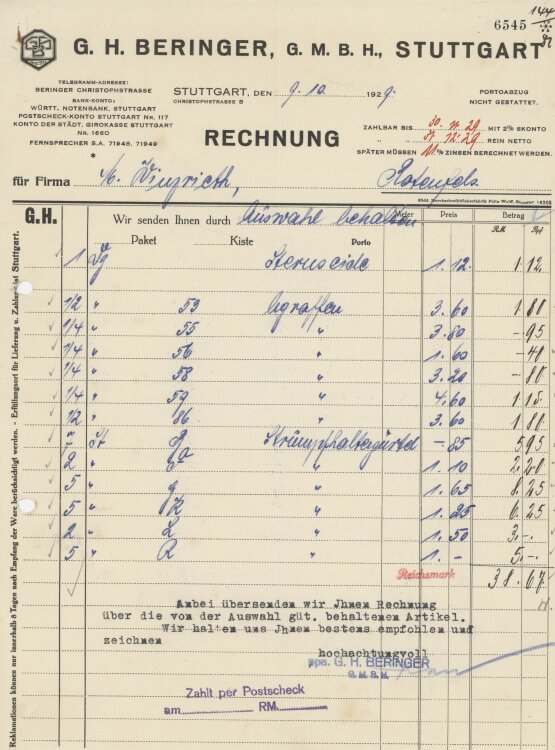 Firma M. Winzrieth (Kaufhaus)an G. H. Beringer GmbH- Rechnung - 09.10.1929