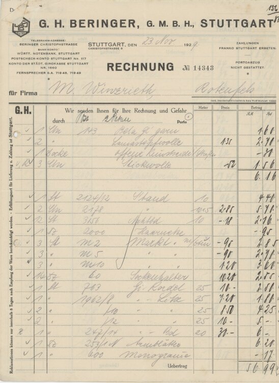 Firma M. Winzrieth (Kaufhaus)an G. H. Beringer GmbH- Rechnung - 23.11.1929