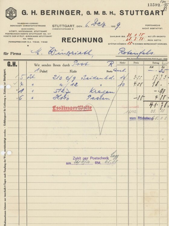 Firma M. Winzrieth (Kaufhaus)an G. H. Beringer GmbH- Rechnung - 06.12.1929