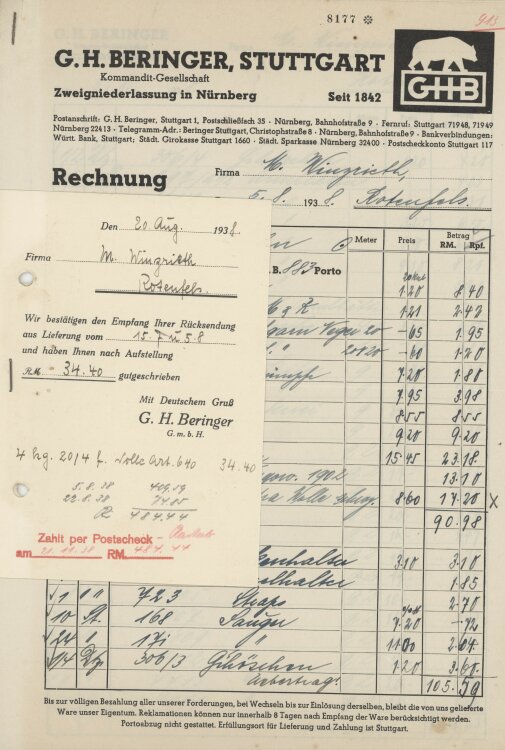 Firma M. Winzrieth (Kaufhaus)an G. H. Beringer GmbH- Rechnung - 05.08.1938