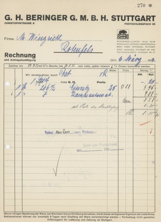 Firma M. Winzrieth (Kaufhaus)an G. H. Beringer GmbH- Rechnung - 06.03.1933