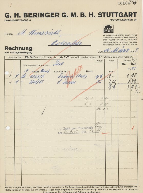 Firma M. Winzrieth (Kaufhaus)an G. H. Beringer GmbH- Rechnung - 16.03.1933