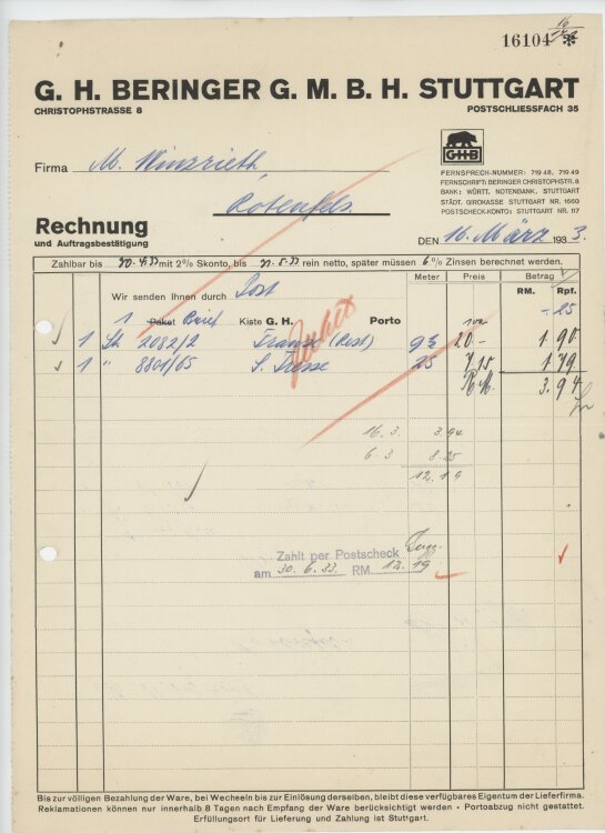 Firma M. Winzrieth (Kaufhaus)an G. H. Beringer GmbH- Rechnung - 16.03.1933