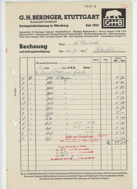 Firma M. Winzrieth (Kaufhaus)an G. H. Beringer GmbH- Rechnung - 11.07.1938