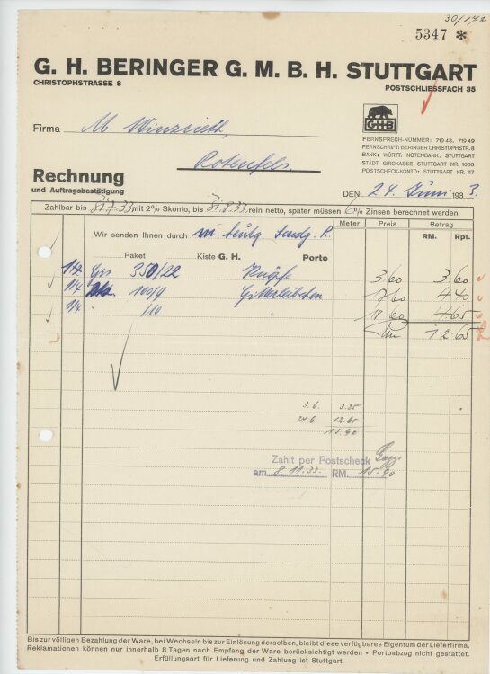 Firma M. Winzrieth (Kaufhaus)an G. H. Beringer GmbH- Rechnung - 24.06.1933