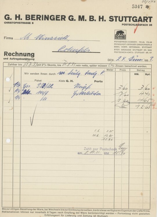 Firma M. Winzrieth (Kaufhaus)an G. H. Beringer GmbH- Rechnung - 03.06.1933