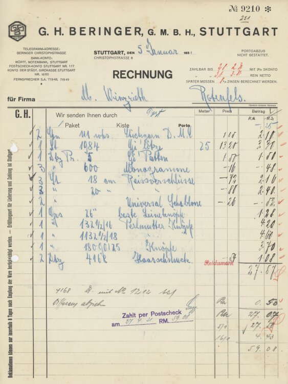 Firma M. Winzrieth (Kaufhaus)an G. H. Beringer GmbH- Rechnung - 16.01.1930