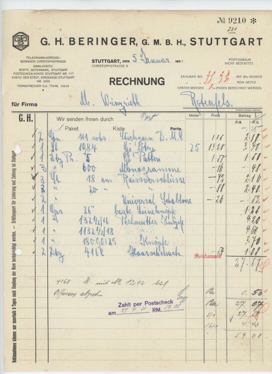 Firma M. Winzrieth (Kaufhaus)an G. H. Beringer GmbH- Rechnung - 16.01.1930