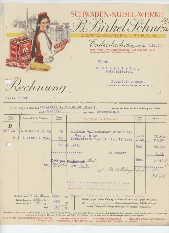 Firma M. Winzrieth (Kaufhaus)an Schwaben-Nudel-Werke- Rechnung - 05.11.1929