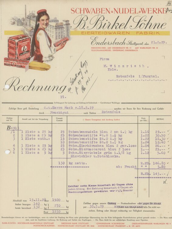 Firma M. Winzrieth (Kaufhaus)an Schwaben-Nudel-Werke- Rechnung - 21.02.1929