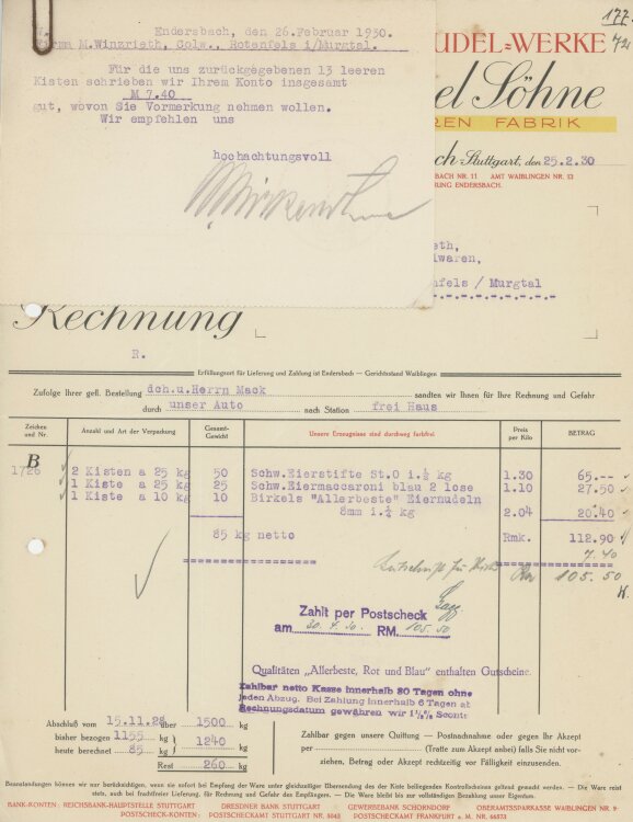 Firma M. Winzrieth (Kaufhaus)an Schwaben-Nudel-Werke- Rechnung - 25.02.1930