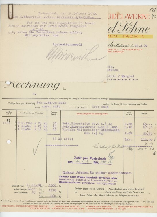 Firma M. Winzrieth (Kaufhaus)an Schwaben-Nudel-Werke- Rechnung - 25.02.1930