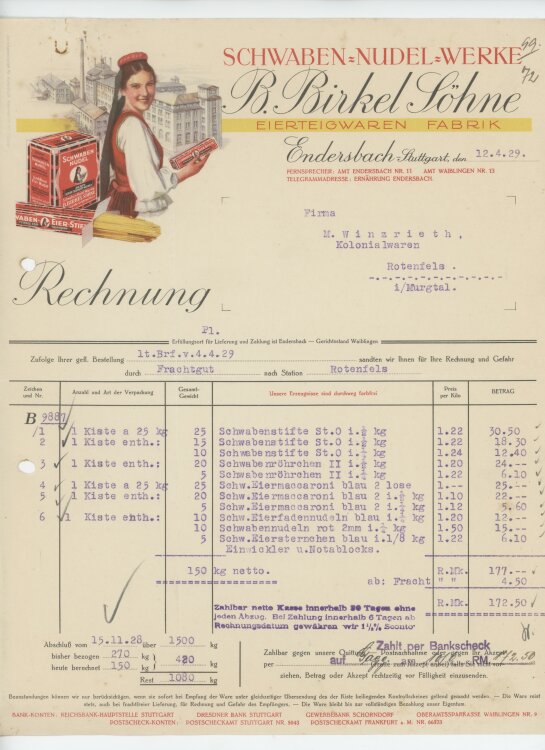 Firma M. Winzrieth (Kaufhaus)an Schwaben-Nudel-Werke- Rechnung - 12.04.1929