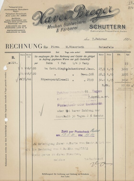 Firma M. Winzrieth (Kaufhaus)an Xaver Breger Mechanische...