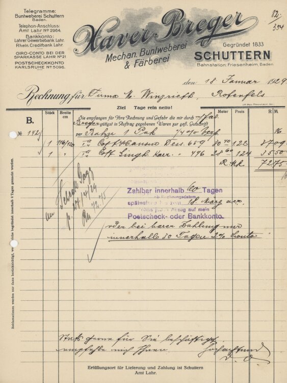 Firma M. Winzrieth (Kaufhaus)an Xaver Breger Mechanische...