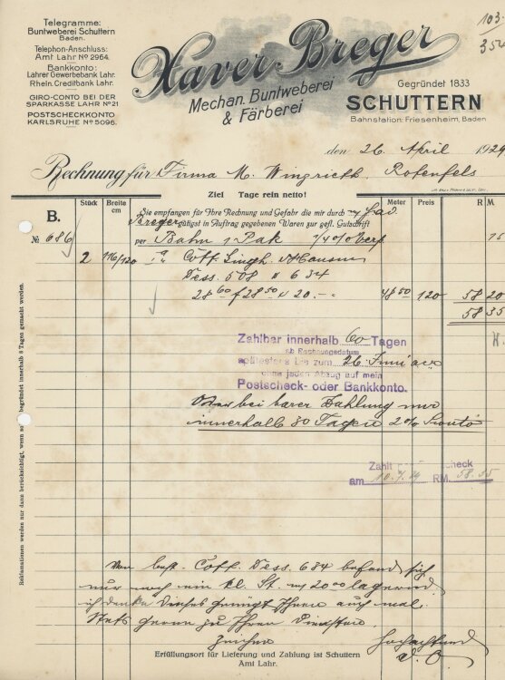 Firma M. Winzrieth (Kaufhaus)an Xaver Breger Mechanische...