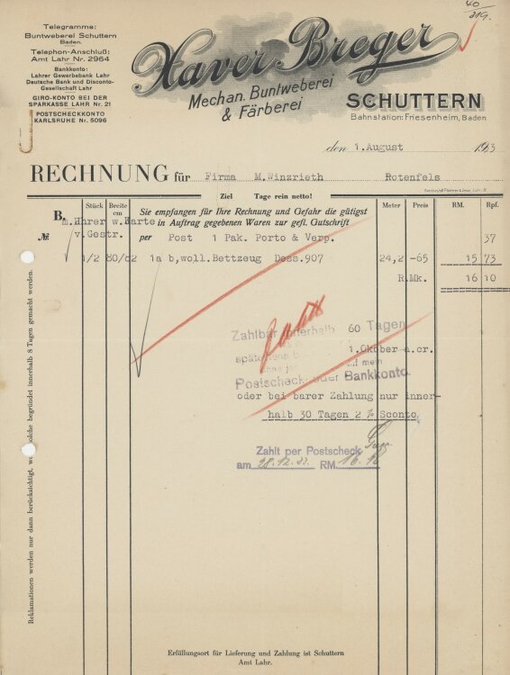 Firma M. Winzrieth (Kaufhaus)an Xaver Breger Mechanische Buntweberei & Färberei- Rechnung - 01.08.1933