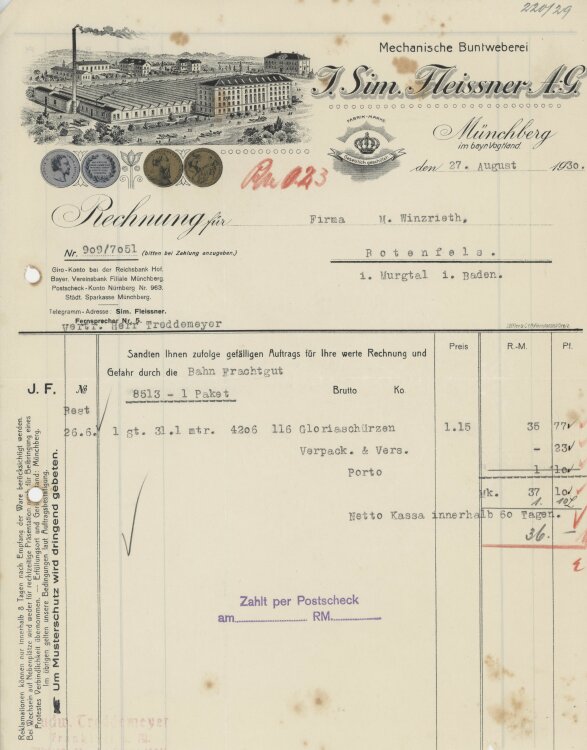 Firma M. Winzrieth (Kaufhaus)an J. Sim. Fleissner AG- Rechnung - 27.08.1930