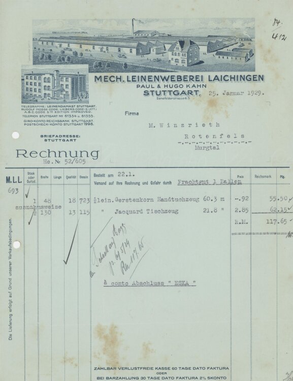 Firma M. Winzrieth (Kaufhaus)an Mechanische Leinenweberei...