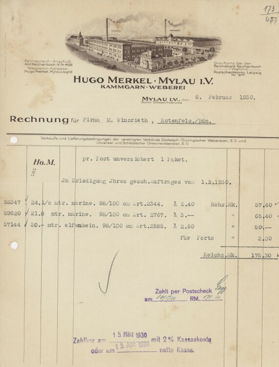 Firma M. Winzrieth (Kaufhaus)an Hugo Merkel Kammgarn-Weberei- Rechnung - 06.02.1930