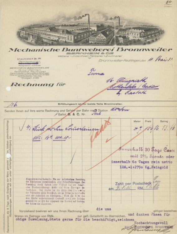 Firma M. Winzrieth (Kaufhaus)an Bernheim & Cie Mechanische Buntweberei- Rechnung - 11.05.1933