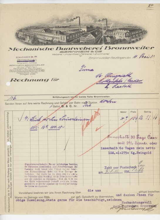 Firma M. Winzrieth (Kaufhaus)an Bernheim & Cie Mechanische Buntweberei- Rechnung - 11.05.1933