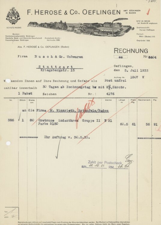 Firma M. Winzrieth (Kaufhaus)an F. Herosé & Co- Rechnung - 05.07.1933