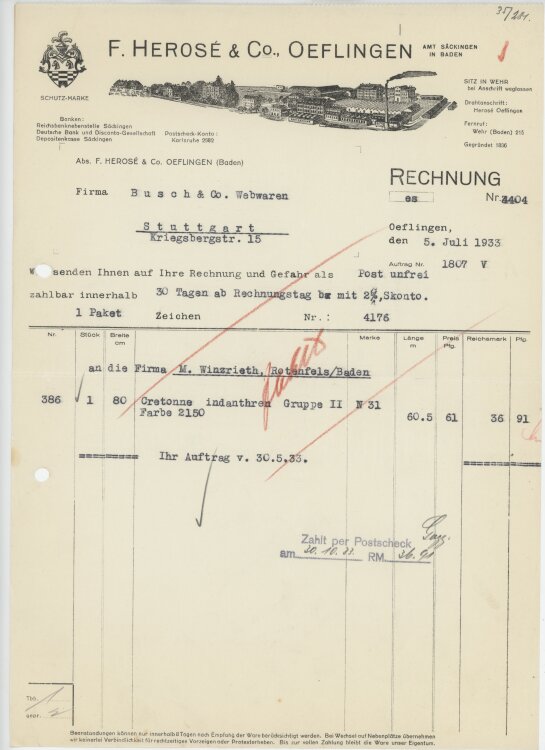 Firma M. Winzrieth (Kaufhaus)an F. Herosé & Co- Rechnung - 05.07.1933