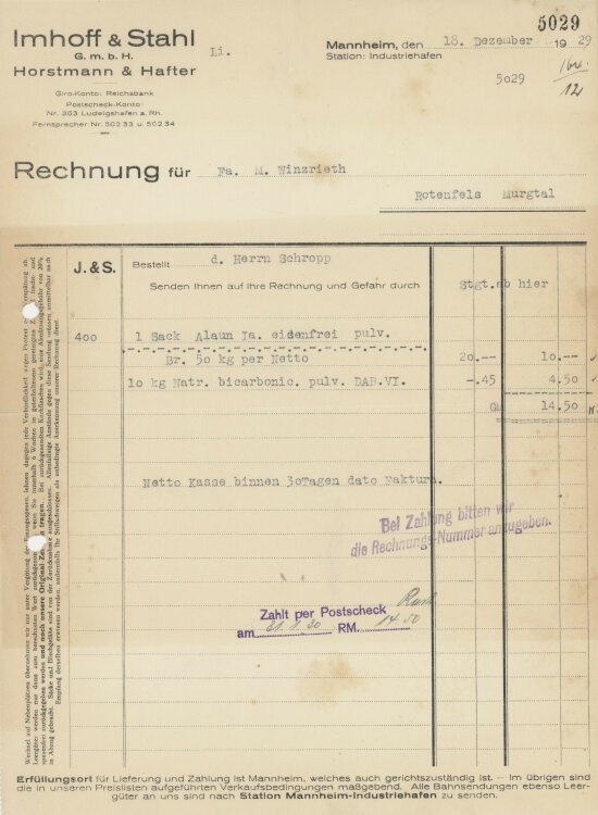 Firma M. Winzrieth (Kaufhaus)an Imhoff & Stahl GmbH- Rechnung - 07.03.1930