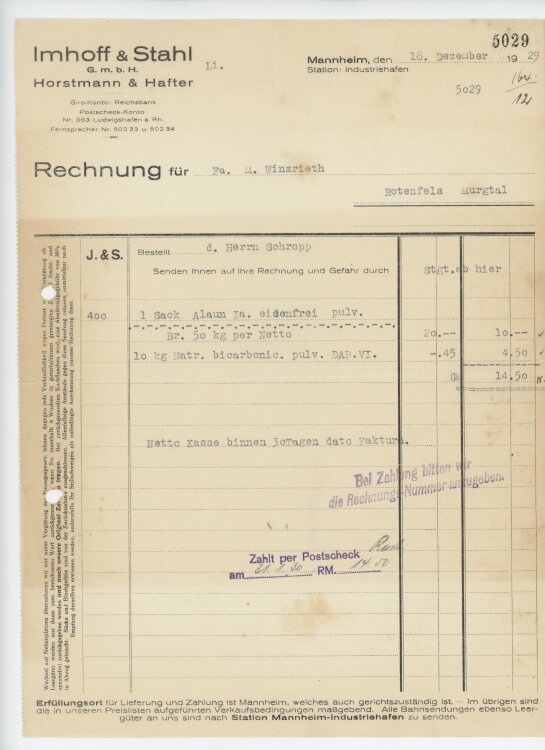 Firma M. Winzrieth (Kaufhaus)an Imhoff & Stahl GmbH- Rechnung - 07.03.1930