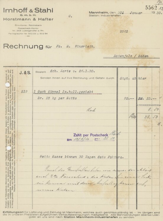 Firma M. Winzrieth (Kaufhaus)an Imhoff & Stahl GmbH- Rechnung - 30.01.1930