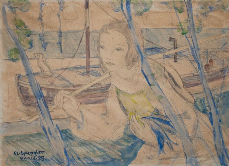 Clemens Spengler - Junge Frau mit Fischen - 1929 - Aquarell