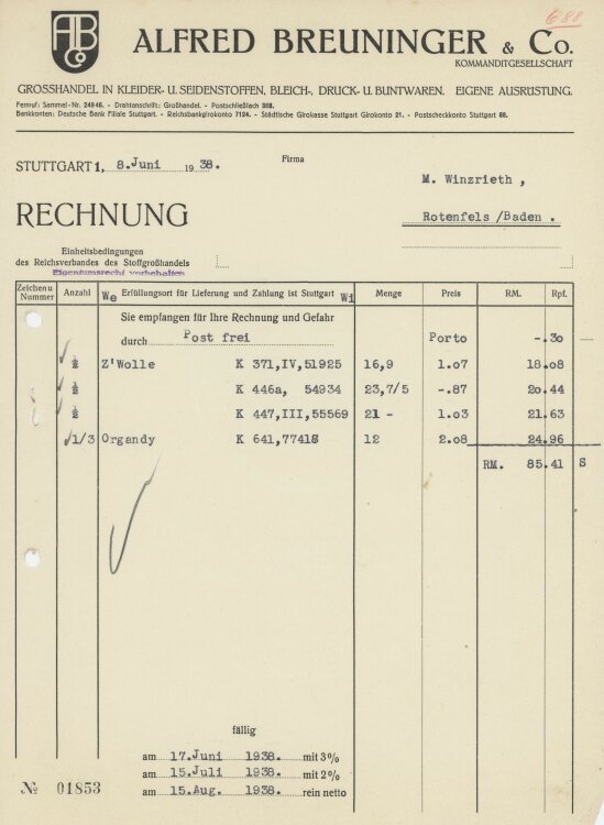 Firma M. Winzrieth (Kaufhaus)an Alfred Breuninger & Co KG- Rechnung - 08.06.1938