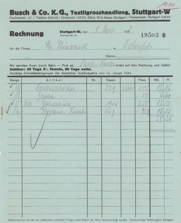 Firma M. Winzrieth (Kaufhaus)an Busch & Co- Rechnung - 08.09.1938