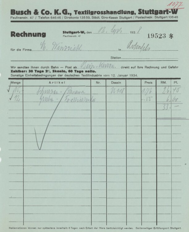 Firma M. Winzrieth (Kaufhaus)an Busch & Co- Rechnung - 12.09.1938